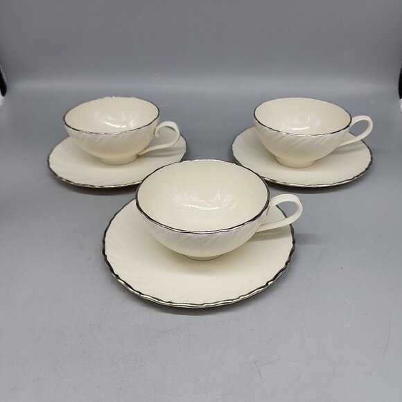 Lot of 3 Cup & Saucer Sets Lenox China WEATHERLY D517 ~ Swirl w/Platinum Trim - Picture 1 of 6